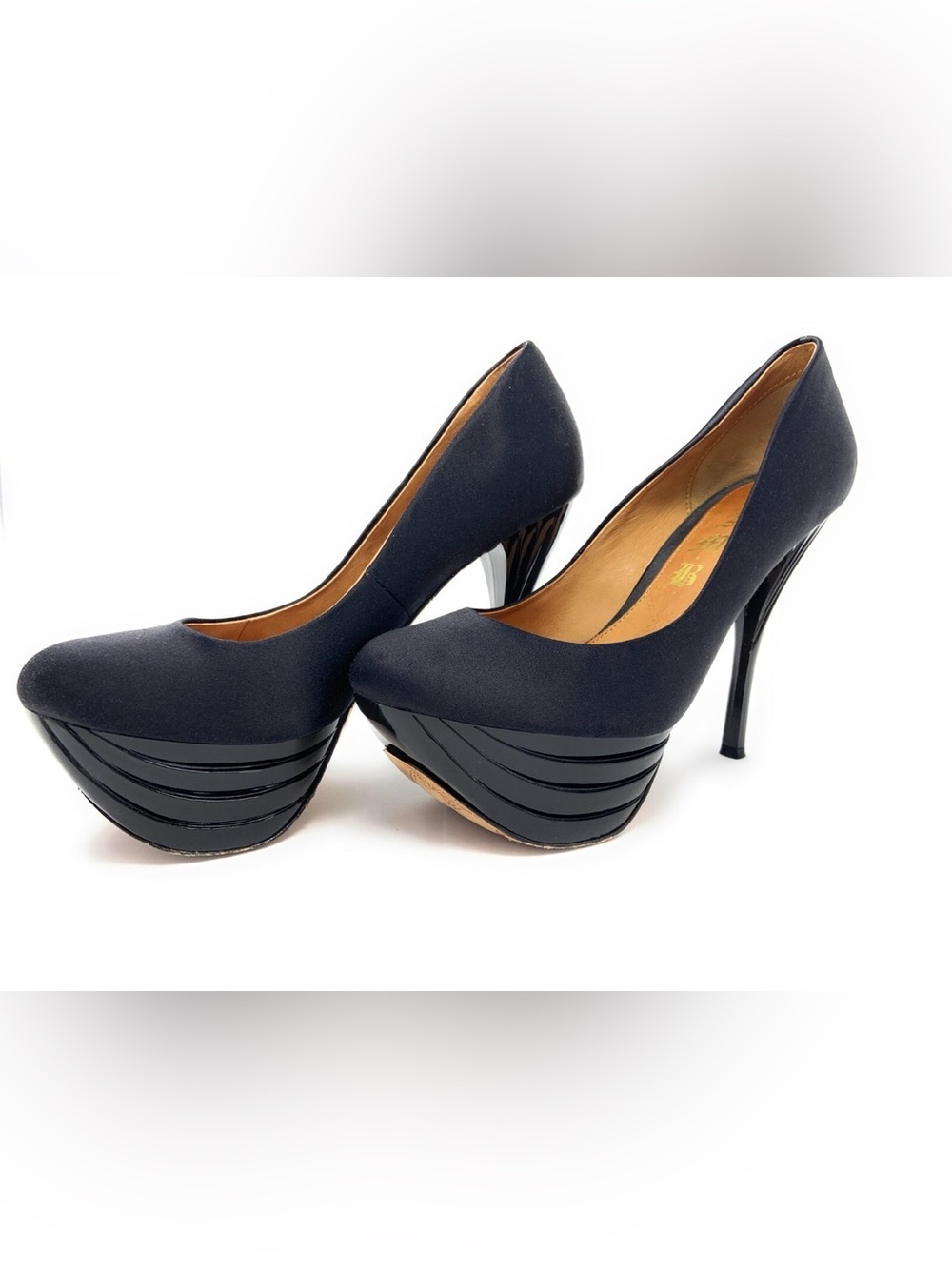 Vintage L.A.M.B. Z-Project Platform Pumps Black Satin Heels  Size 7.5M